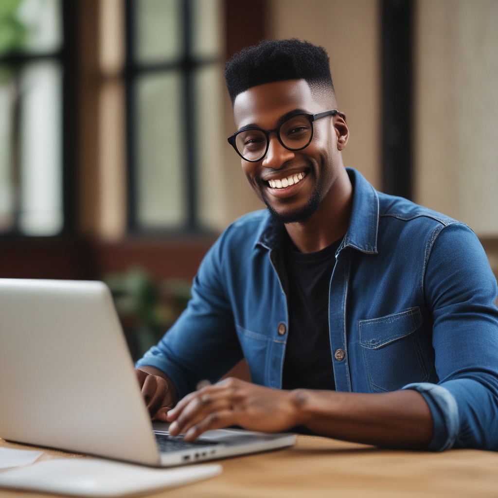 Black man in USA working on a laptop
